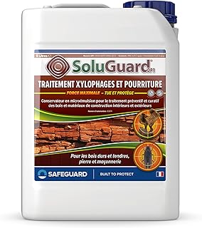 SoluGuard Traitement Xylophages et Pourriture du Bois - 5 L - Protection Fongicide Charpente et Bois Intérieur et Extérieur - Protection Contre les Vrillettes, Termites et les Champignons