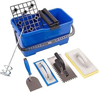 MIVOS Set de lavage pour carrelage 6 pièces - Set de lavage professionnel pour carrelage - Spatule de stucateur - Truelle dentée - Planche à éponge - Planche à frotter - Seau 22L