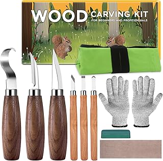 10 en 1 Kit Sculpture Bois, Outils Sculpture Bois avec 6 Couteau Sculpture Bois pour Débutants, Sculpteurs, Outil de Ciseaux à Bois Kit pour Bois, Gants Résistants aux Coupures, Sac Léger